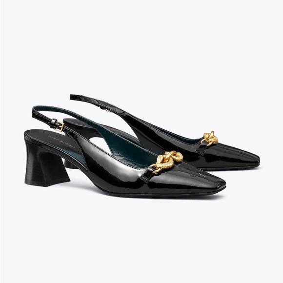 Tory Burch JESSA SLINGBACK HEEL in Perfect Black Patent Leather 8 NWT $378 - Picture 2 of 16